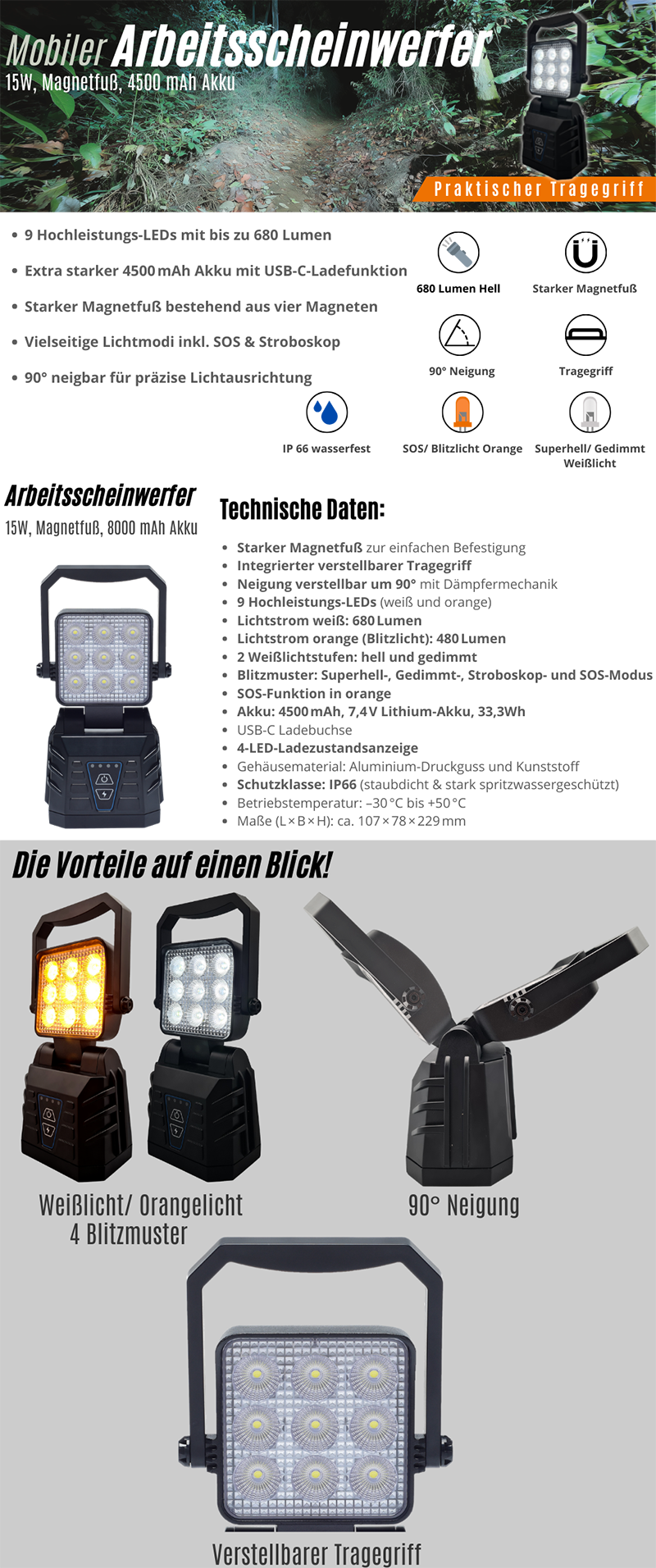 Mobiler Arbeitsscheinwerfer 15 W Magnetfuß Akku 4500 mAh