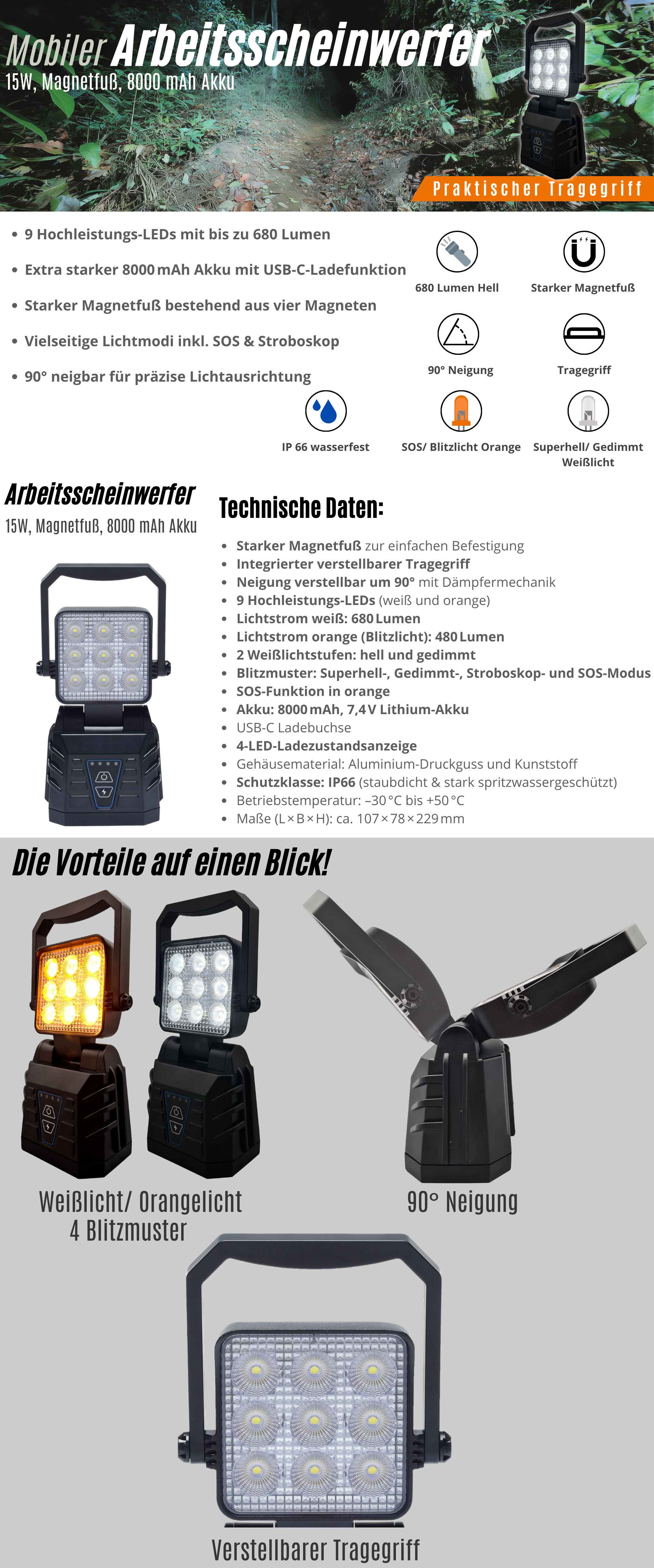 Mobiler Arbeitsscheinwerfer 15 W Magnetfuß Akku 8000 mAh