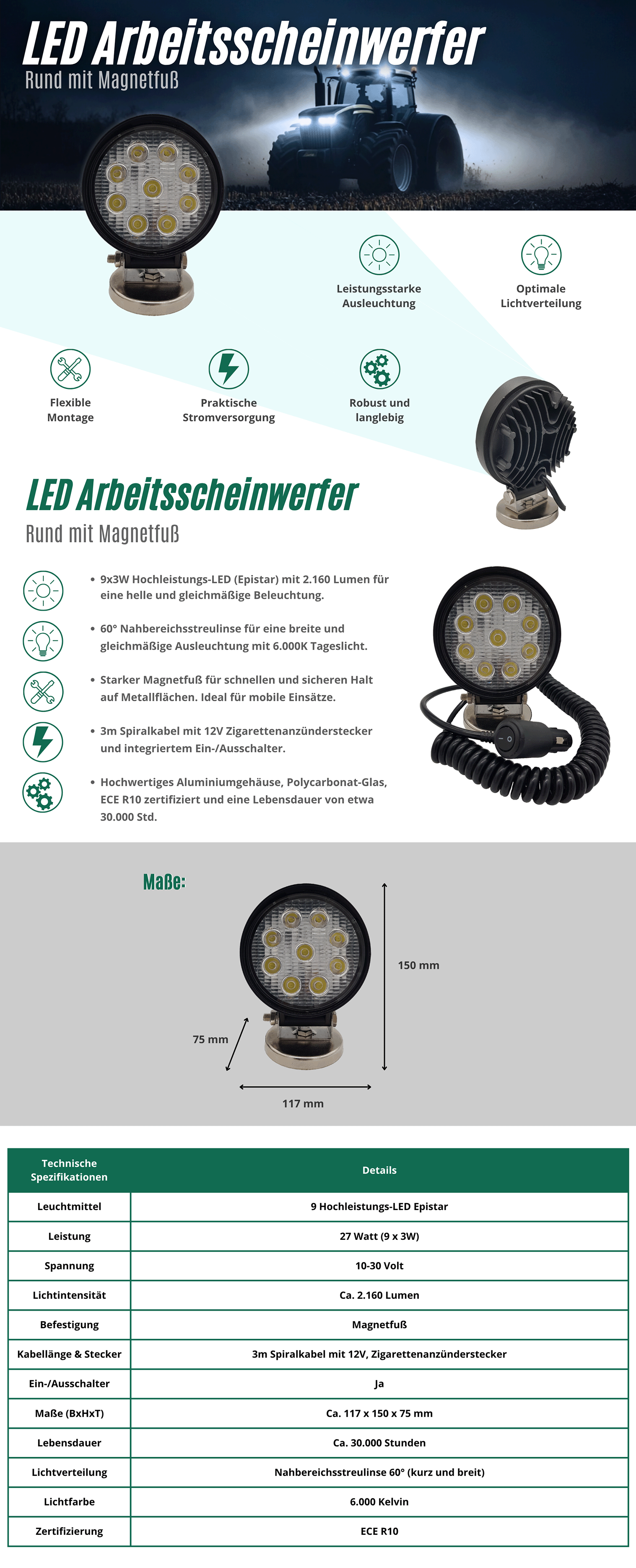LED Arbeitsscheinwerfer rund 9x3W, 2160 Lumen, Magnetfuß