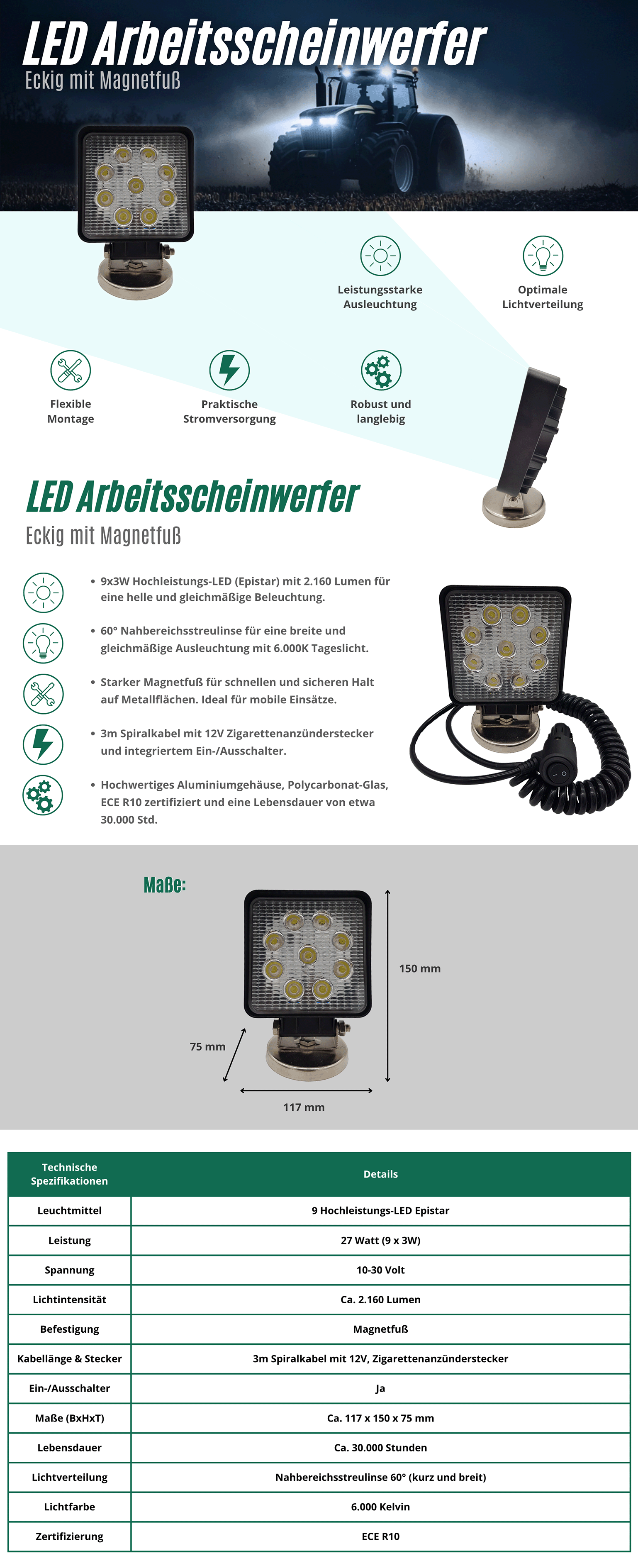 LED Arbeitsscheinwerfer eckig 9x3W, 2160 Lumen, Magnetfuß