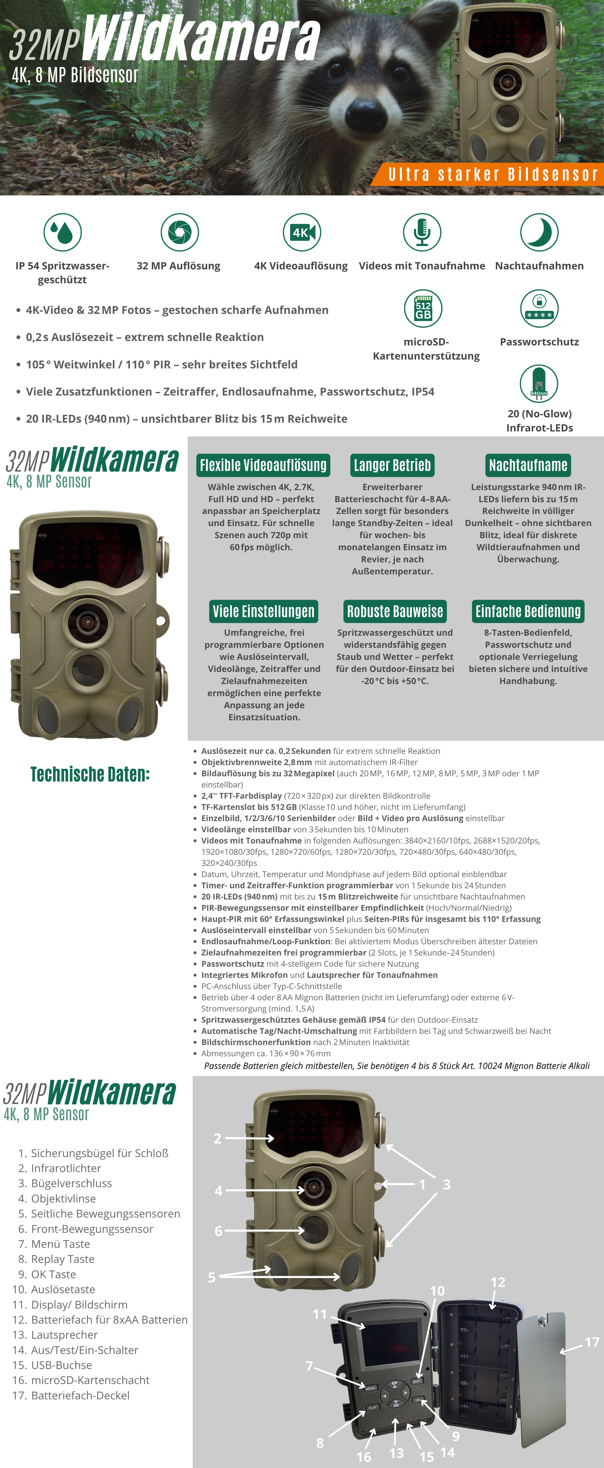 32 MP Wildkamera, 4K, 8 MP Sensor