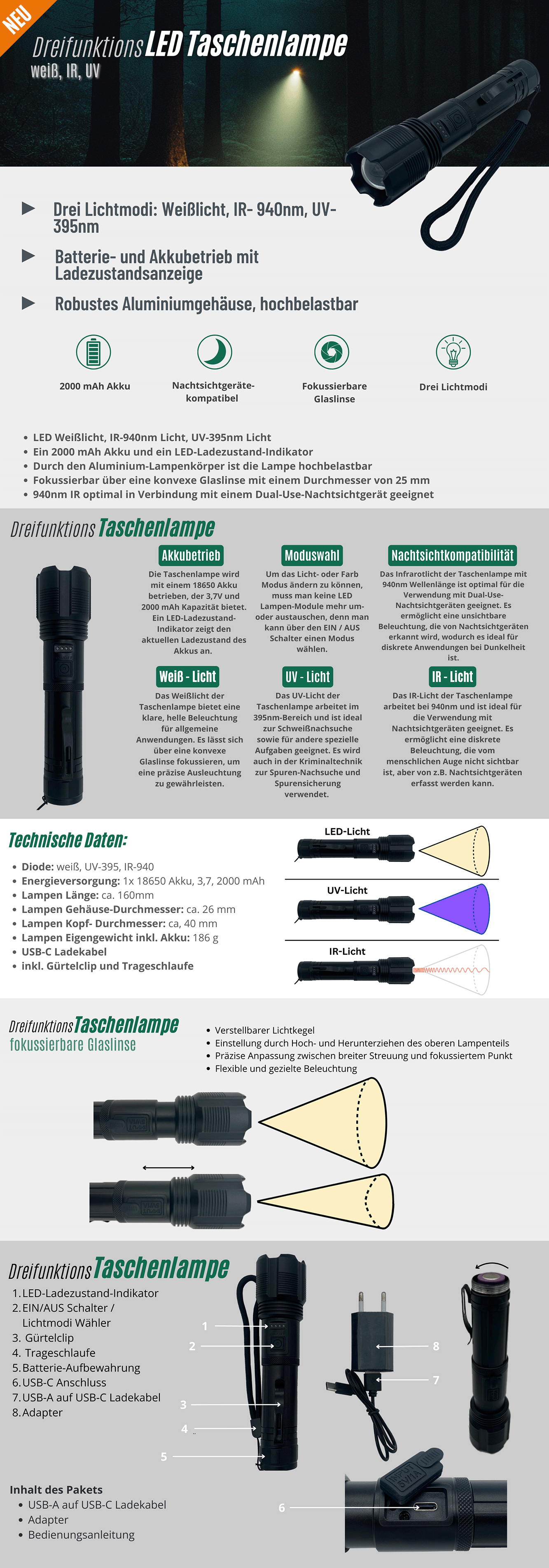 Dreifunktions LED Taschenlampe