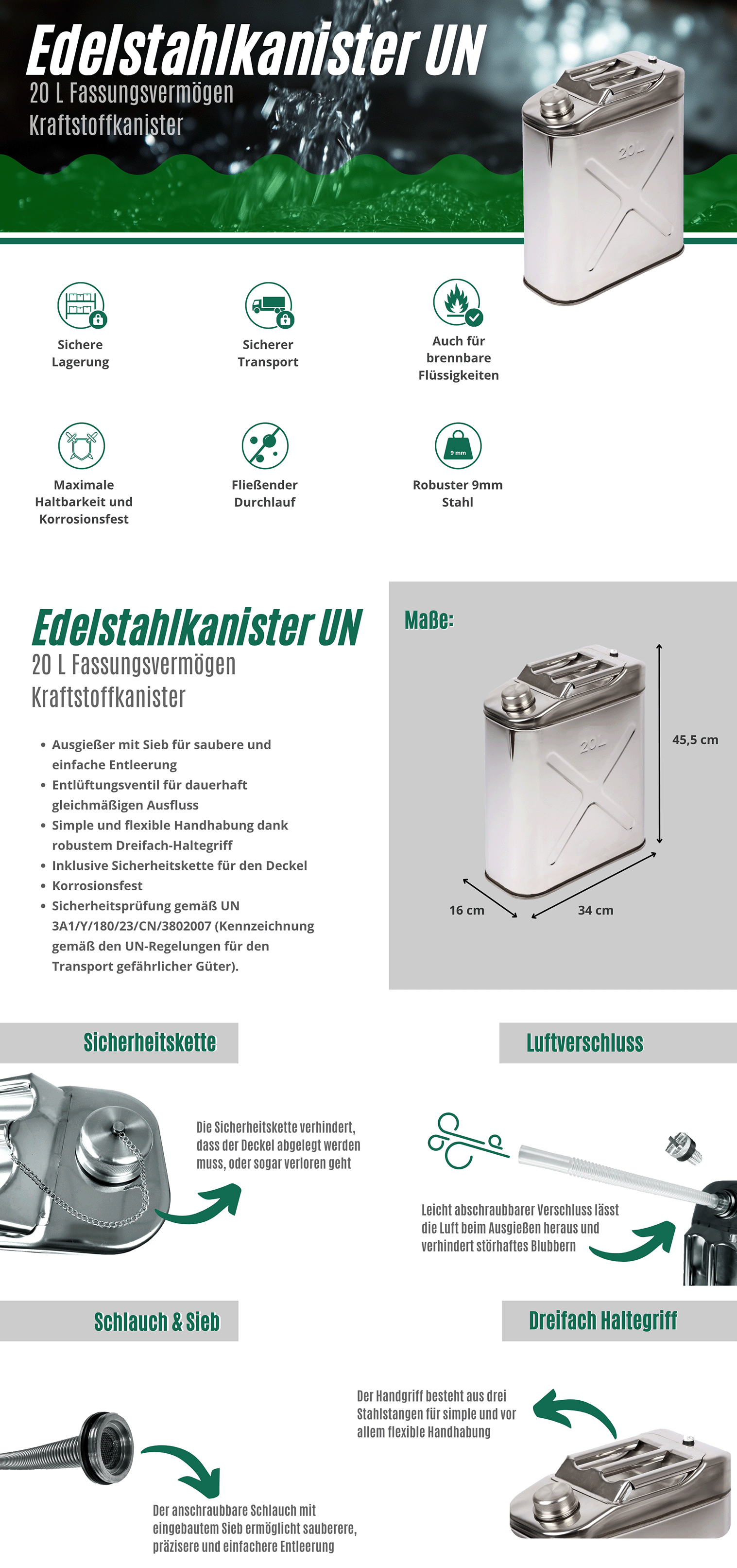 Edelstahlkanister Kraftstoffkanister UN 20L