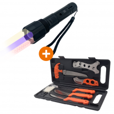 3-in-1 Dreifunktions LED Taschenlampe, Weiß, IR, UV, 940nm  + Zerwirkmesserset 7tlg.